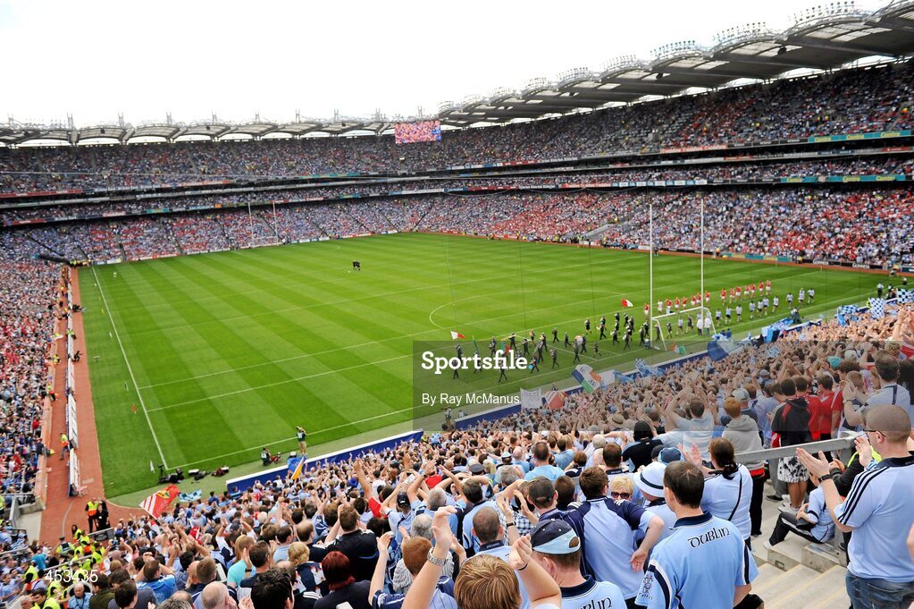 22 August 2010; The St Michael's Scout Band, Enniskillen, Co. Fermanagh, lead the Dublin and Cork players in the pre-match parade, in front of Hill 16, before the game. GAA Football All-Ireland Senior Championship Semi-Final, Dublin v Cork, Croke Park, Dublin. Picture credit: Ray McManus / SPORTSFILE