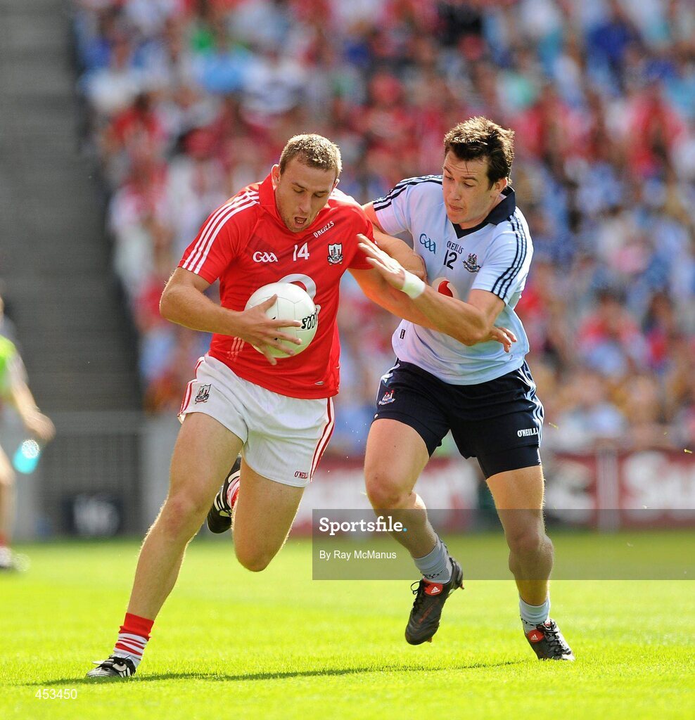 22 August 2010; Ciarán Sheehan, Cork, in action against Niall Corkery, Dublin. GAA Football All-Ireland Senior Championship Semi-Final, Dublin v Cork, Croke Park, Dublin. Picture credit: Ray McManus / SPORTSFILE