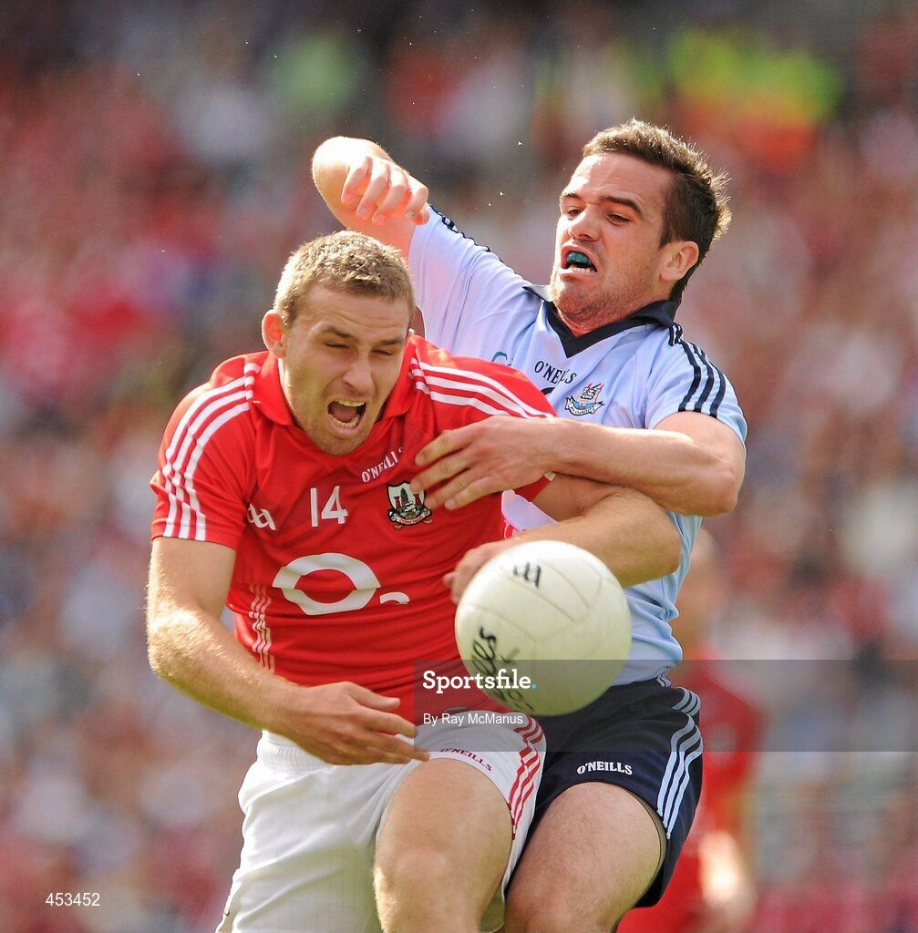 22 August 2010; Ciarán Sheehan, Cork, in action against Ger Brennan, Dublin. GAA Football All-Ireland Senior Championship Semi-Final, Dublin v Cork, Croke Park, Dublin. Picture credit: Ray McManus / SPORTSFILE