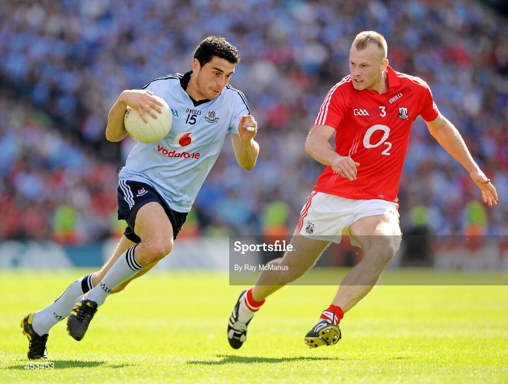 22 August 2010; Bernard Brogan, Dublin, in action against Michael Shields, Cork. GAA Football All-Ireland Senior Championship Semi-Final, Dublin v Cork, Croke Park, Dublin. Picture credit: Ray McManus / SPORTSFILE
