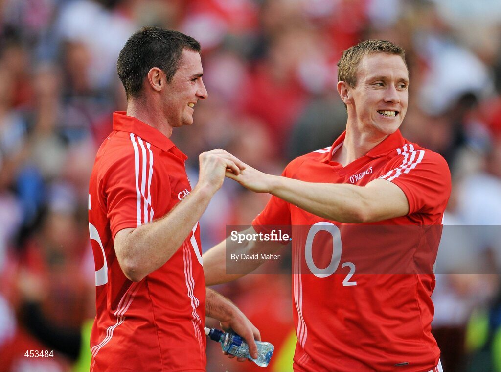 22 August 2010; Donncha O'Connor, left, Cork, celebrates with John Hayes at the end of the game. GAA Football All-Ireland Senior Championship Semi-Final, Dublin v Cork, Croke Park, Dublin. Picture credit: David Maher / SPORTSFILE