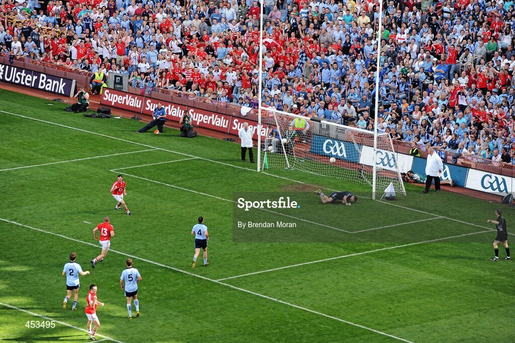 22 August 2010; Donncha O'Connor, Cork, celebrates after scoring his side's penalty past Dublin goalkeeper Stephen Cluxton. GAA Football All-Ireland Senior Championship Semi-Final, Dublin v Cork, Croke Park, Dublin. Picture credit: Brendan Moran / SPORTSFILE
