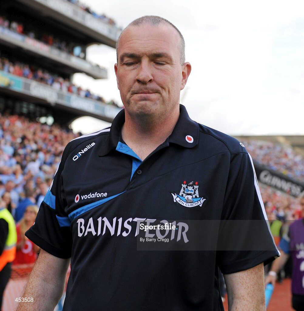22 August 2010; Dublin manager Pat Gilroy walks to greet Cork manager Conor Counihan at the end of the game after his side's loss to Cork. GAA Football All-Ireland Senior Championship Semi-Final, Dublin v Cork, Croke Park, Dublin. Picture credit:  Barry Cregg / SPORTSFILE