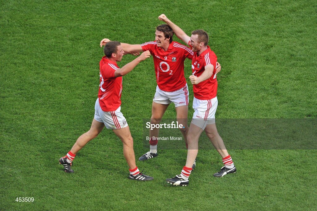 22 August 2010; Cork players Patrick Kelly, left, Aidan Walsh, centre, and Nicholas Murphy celebrate at the final whistle. GAA Football All-Ireland Senior Championship Semi-Final, Dublin v Cork, Croke Park, Dublin. Picture credit: Brendan Moran / SPORTSFILE