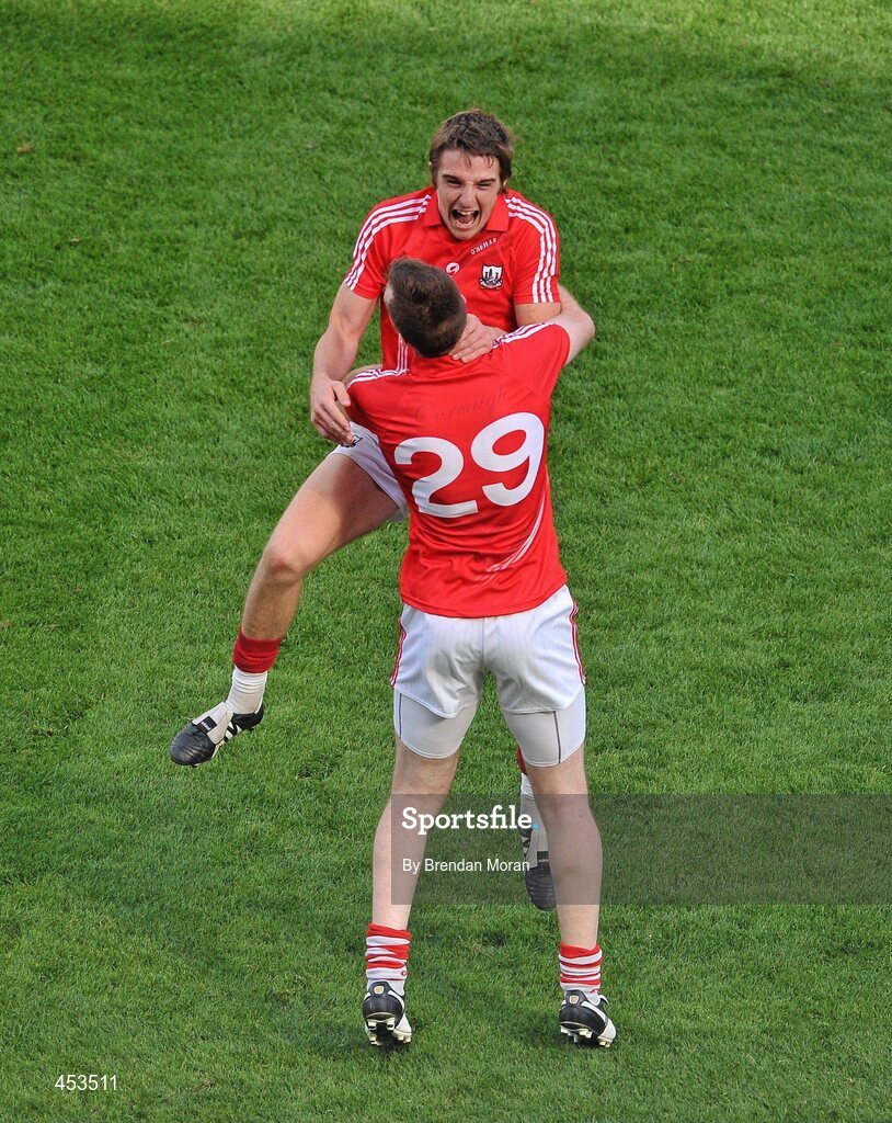 22 August 2010; Cork players Aidan Walsh and Nicholas Murphy, 29, celebrate at the final whistle. GAA Football All-Ireland Senior Championship Semi-Final, Dublin v Cork, Croke Park, Dublin. Picture credit: Brendan Moran / SPORTSFILE