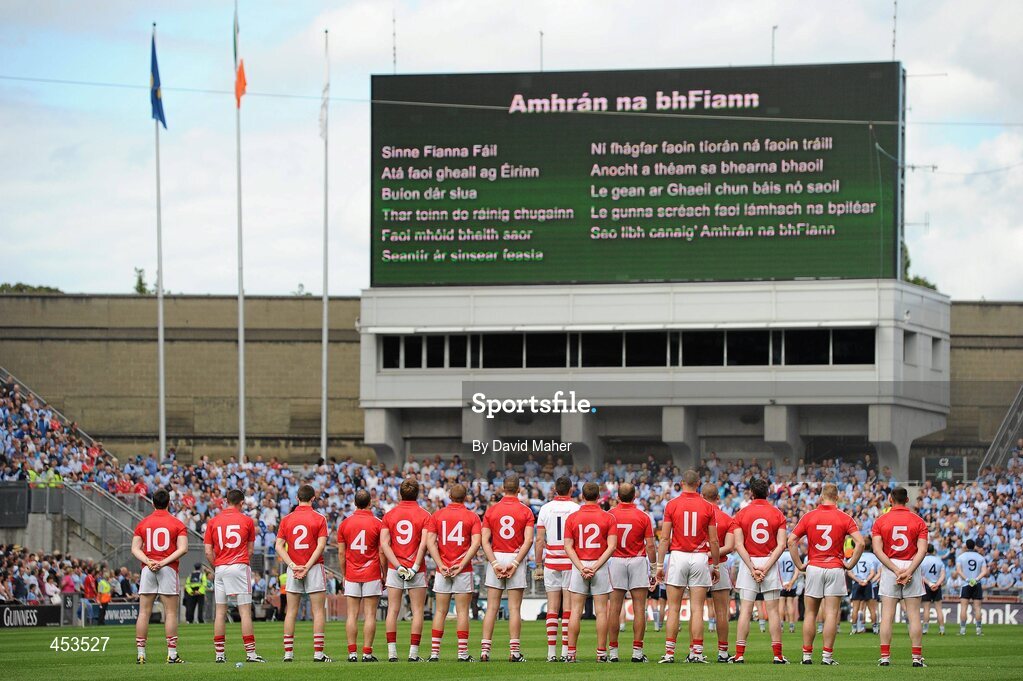 22 August 2010; The Cork team stand for the National Anthem before the start of the game. GAA Football All-Ireland Senior Championship Semi-Final, Dublin v Cork, Croke Park, Dublin. Picture credit: David Maher / SPORTSFILE