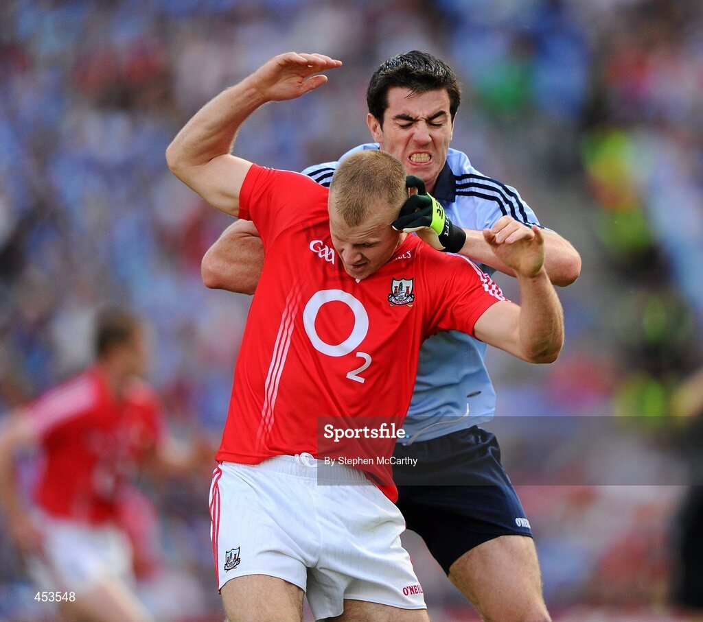 22 August 2010; Michael Darragh McAuley, Dublin, and Michael Shields, Cork, tussle off the ball. GAA Football All-Ireland Senior Championship Semi-Final, Dublin v Cork, Croke Park, Dublin. Picture credit: Stephen McCarthy / SPORTSFILE