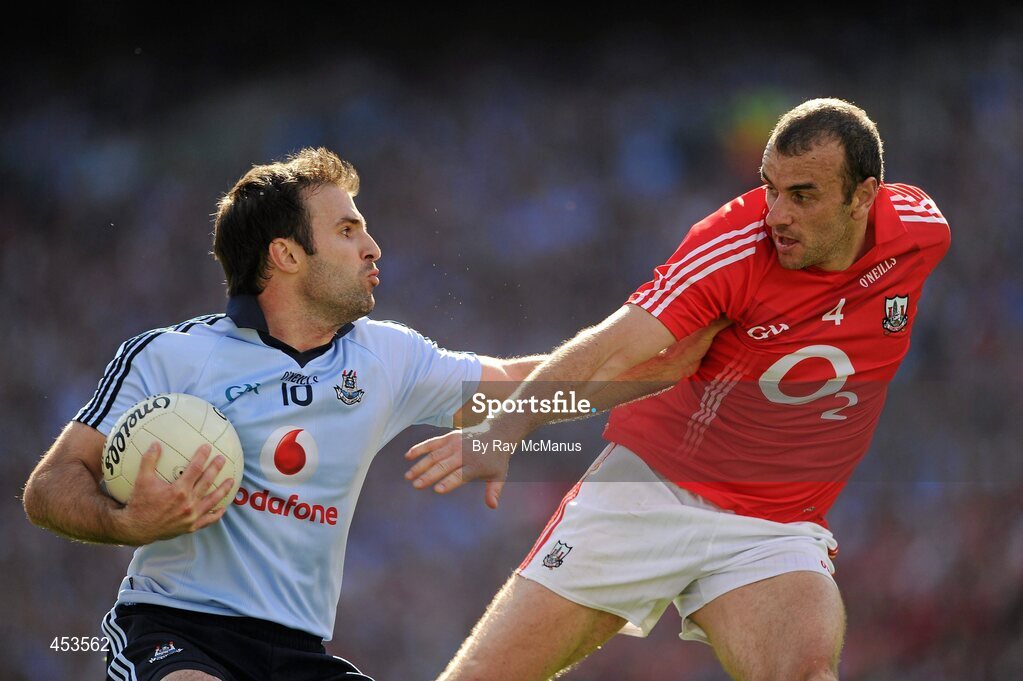 22 August 2010; Bryan Cullen, Dublin, in action against John Miskella, Cork. GAA Football All-Ireland Senior Championship Semi-Final, Dublin v Cork, Croke Park, Dublin. Picture credit: Ray McManus / SPORTSFILE