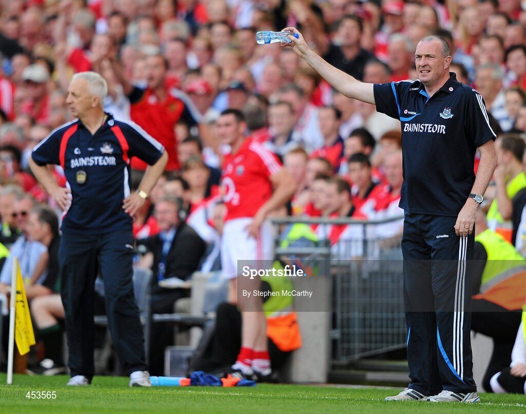 22 August 2010; Dublin manaer Pat Gilroy and Cork manager Conor Counihan during the closing stages of the game. GAA Football All-Ireland Senior Championship Semi-Final, Dublin v Cork, Croke Park, Dublin. Picture credit: Stephen McCarthy / SPORTSFILE