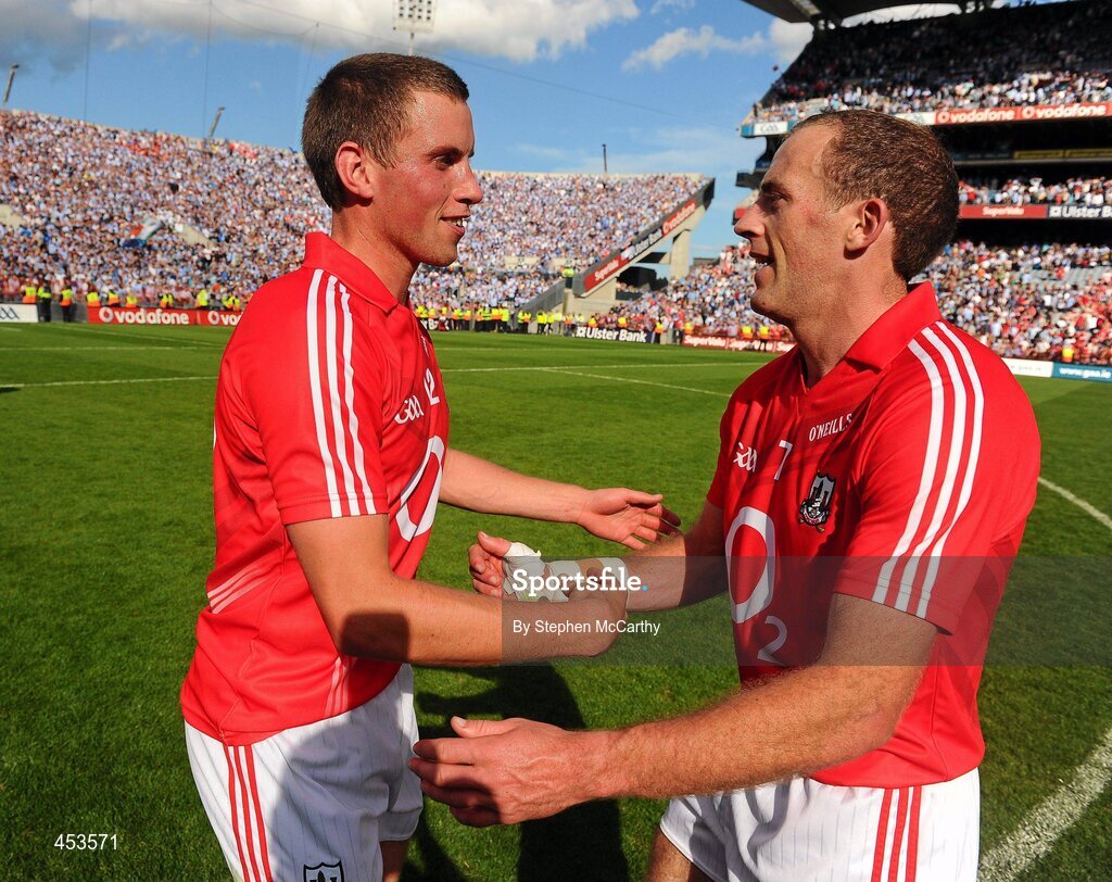 22 August 2010; Patrick Kelly, left, and Paudie Kissane, Cork, celebrate their side's victory. GAA Football All-Ireland Senior Championship Semi-Final, Dublin v Cork, Croke Park, Dublin. Picture credit: Stephen McCarthy / SPORTSFILE