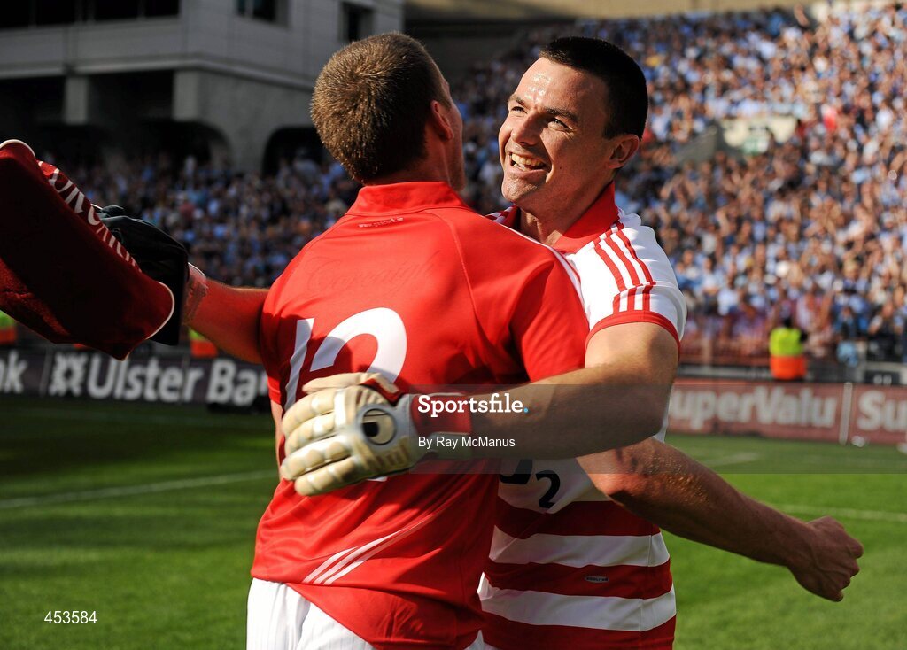 22 August 2010; The Cork goalkeeper Alan Quirke and team-mate Patrick Kelly celebrate victory. GAA Football All-Ireland Senior Championship Semi-Final, Dublin v Cork, Croke Park, Dublin. Picture credit: Ray McManus / SPORTSFILE