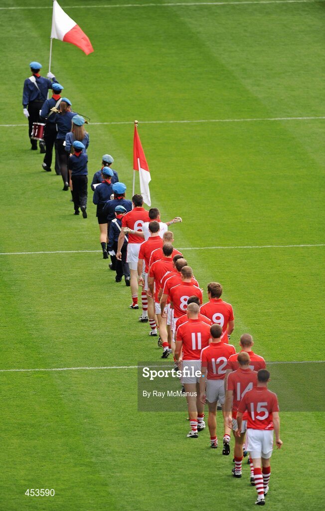 22 August 2010; The Cork players march behind the St Michael Scout Band, Enniskillen, before the game. GAA Football All-Ireland Senior Championship Semi-Final, Dublin v Cork, Croke Park, Dublin. Picture credit: Ray McManus / SPORTSFILE