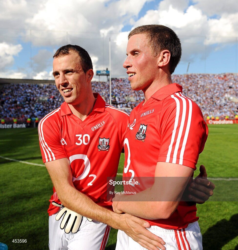 22 August 2010; Cork players Paul Flynn, left, and Patrick Kelly celebrate victory. GAA Football All-Ireland Senior Championship Semi-Final, Dublin v Cork, Croke Park, Dublin. Picture credit: Ray McManus / SPORTSFILE