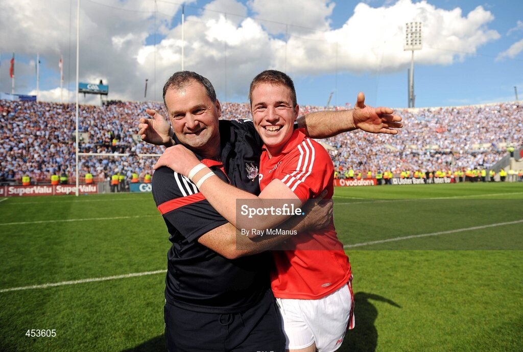 22 August 2010; Cork substitue Colm O'Neill celebrates with Mick O'Leary. GAA Football All-Ireland Senior Championship Semi-Final, Dublin v Cork, Croke Park, Dublin. Picture credit: Ray McManus / SPORTSFILE