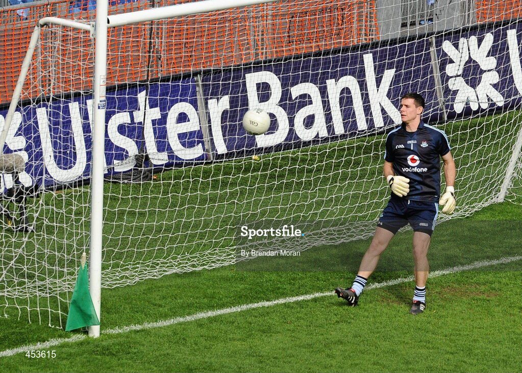 22 August 2010; Dublin goalkeeper Stephen Cluxton looks on as a shot by Paul Kerrigan, Cork, comes back off the post during the first half. GAA Football All-Ireland Senior Championship Semi-Final, Dublin v Cork, Croke Park, Dublin. Picture credit: Brendan Moran / SPORTSFILE