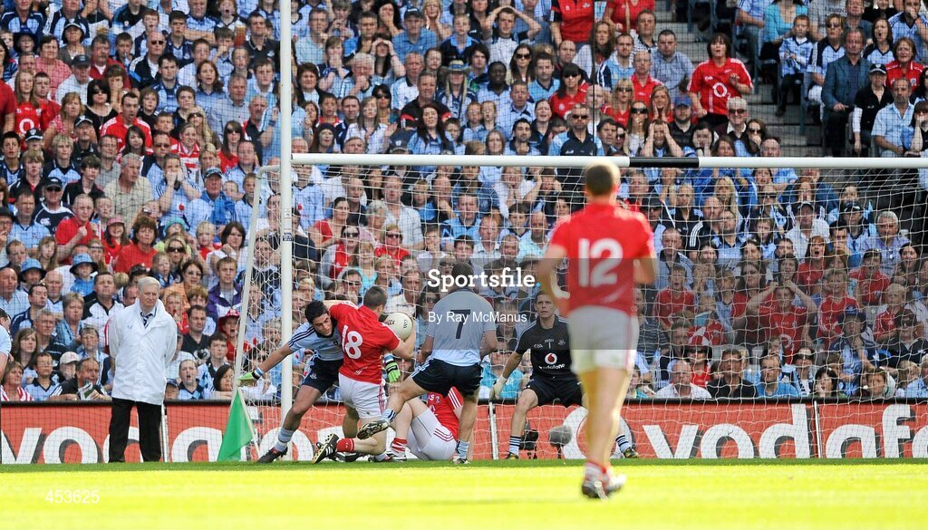 22 August 2010; Ross O'Connell, Dublin, stops Colm O'Neill, Cork, and concedes a penalty. GAA Football All-Ireland Senior Championship Semi-Final, Dublin v Cork, Croke Park, Dublin. Picture credit: Ray McManus / SPORTSFILE