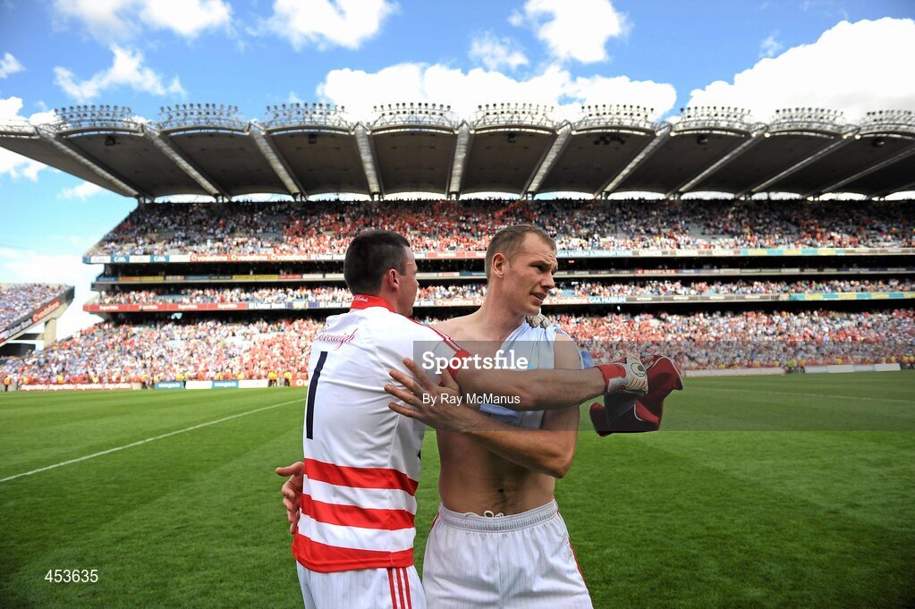 22 August 2010; Cork players Alan O'Connor and goalkeeper Alan Quirke celebrate. GAA Football All-Ireland Senior Championship Semi-Final, Dublin v Cork, Croke Park, Dublin. Picture credit: Ray McManus / SPORTSFILE
