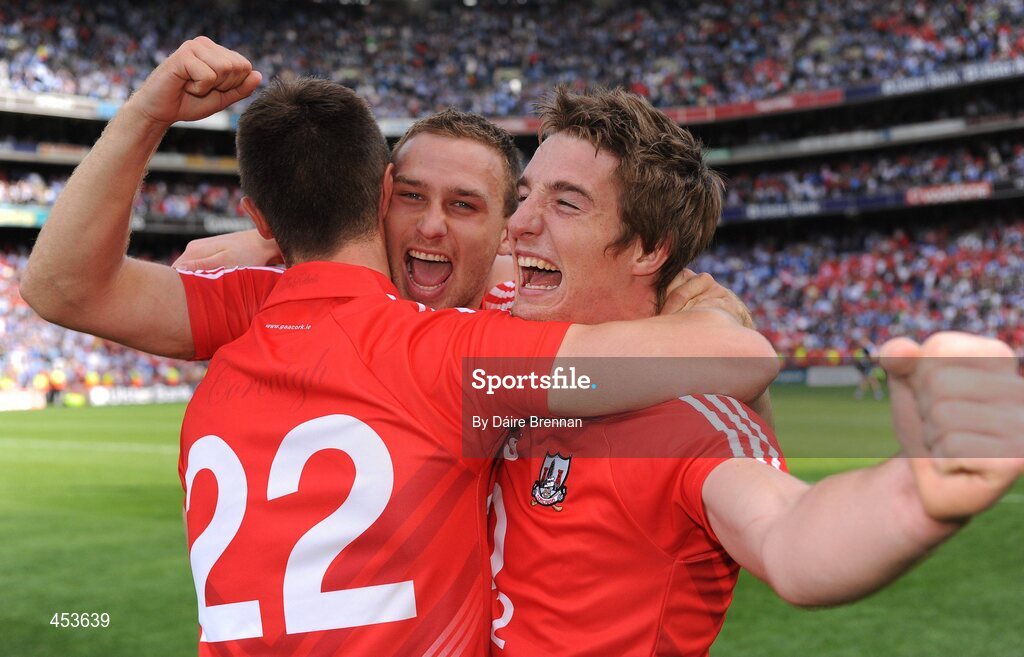 22 August 2010; Cork players Fiachra Lynch, left, Ciarán Sheehan, and Aidan Walsh, celebrate after the game. GAA Football All-Ireland Senior Championship Semi-Final, Dublin v Cork, Croke Park, Dublin. Picture credit: Dáire Brennan / SPORTSFILE