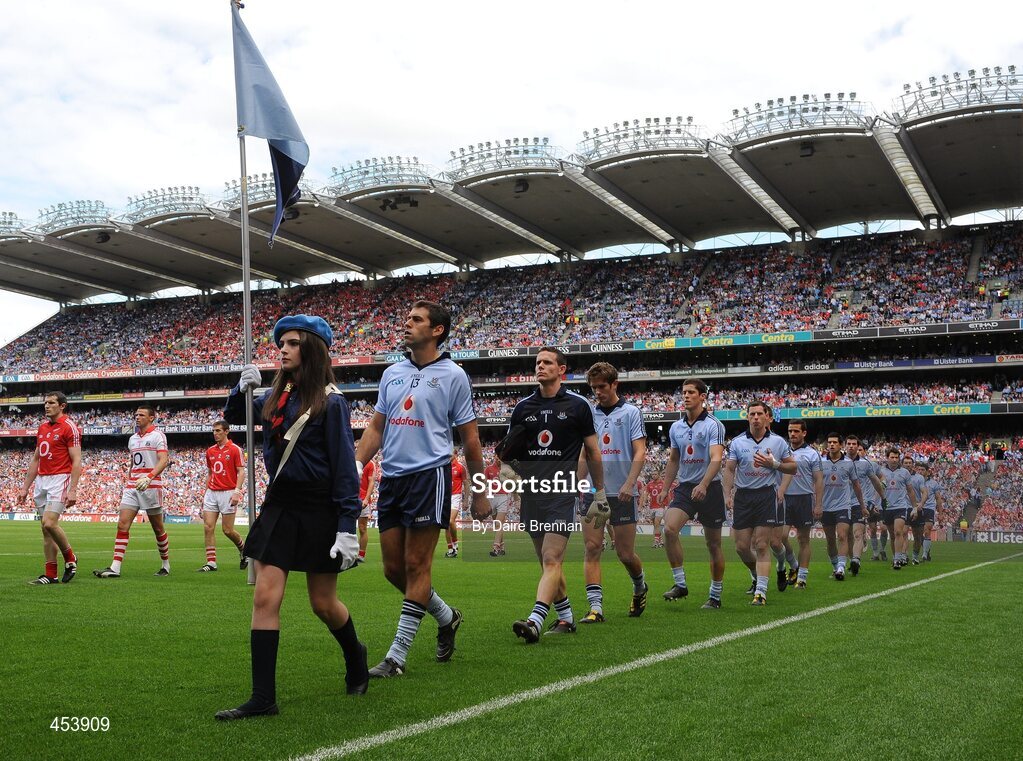 22 August 2010; David Henry leads the Dublin team during the pre-match parade. GAA Football All-Ireland Senior Championship Semi-Final, Dublin v Cork, Croke Park, Dublin. Picture credit: Dáire Brennan / SPORTSFILE