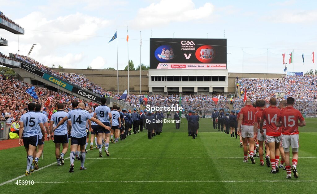 22 August 2010; The Dublin and Cork teams during the pre-match parade. GAA Football All-Ireland Senior Championship Semi-Final, Dublin v Cork, Croke Park, Dublin. Picture credit: Dáire Brennan / SPORTSFILE