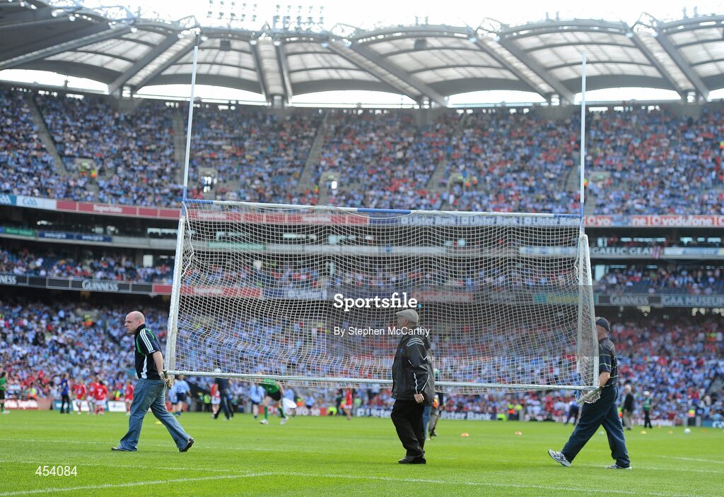 22 August 2010; Officials remove the goalposts from the pitch following the half-time INTO/GAA Mini Sevens Go Games. GAA Football All-Ireland Senior Championship Semi-Final, Dublin v Cork, Croke Park, Dublin. Picture credit: Stephen McCarthy / SPORTSFILE