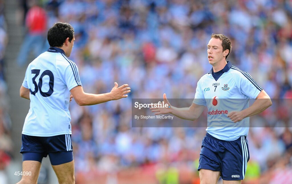 22 August 2010; Barry Cahill, Dublin, right, comes onto the pitch to replace Cian O'Sullivan in a first half substitution. GAA Football All-Ireland Senior Championship Semi-Final, Dublin v Cork, Croke Park, Dublin. Picture credit: Stephen McCarthy / SPORTSFILE