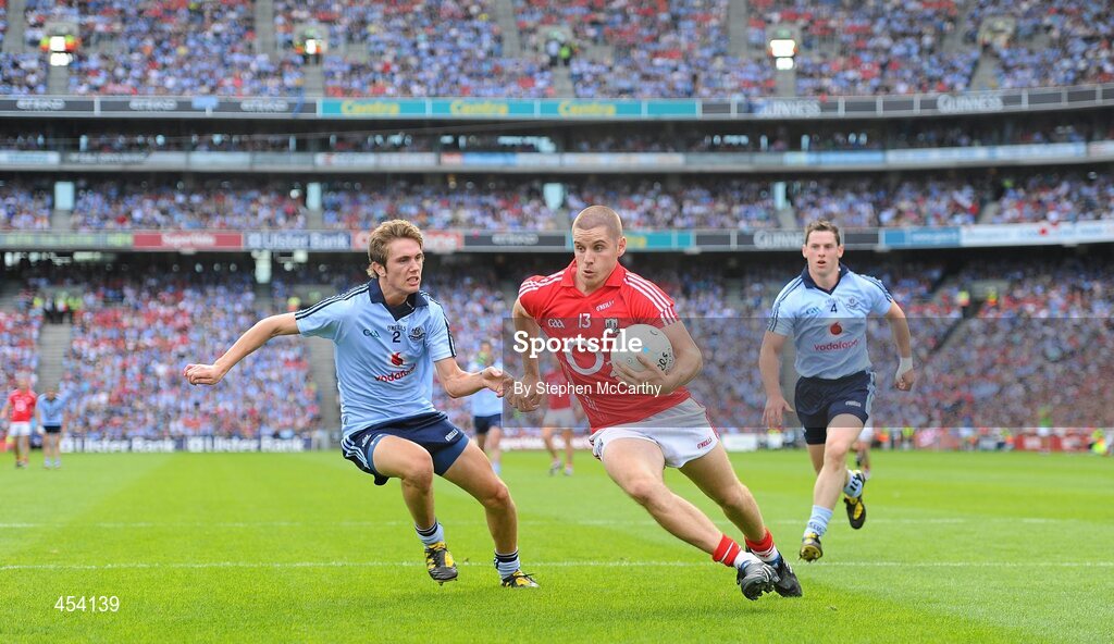 22 August 2010; Daniel Goulding, Cork, in action against Michael Fitzsimons, Dublin. GAA Football All-Ireland Senior Championship Semi-Final, Dublin v Cork, Croke Park, Dublin. Picture credit: Stephen McCarthy / SPORTSFILE