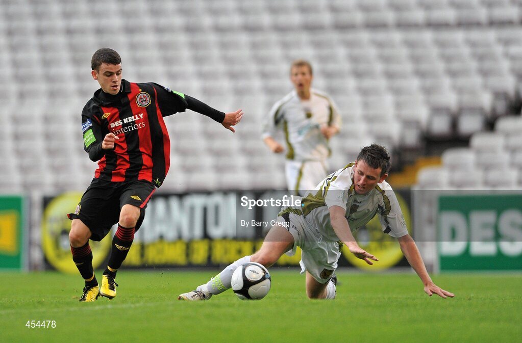 24 August 2010; Gary Burke, Bohemians A, in action against Jamie Duffy, Sporting Fingal A. Newstalk Cup Final, Bohemians A v Sporting Fingal A, Dalymount Park, Dublin. Picture credit: Barry Cregg / SPORTSFILE