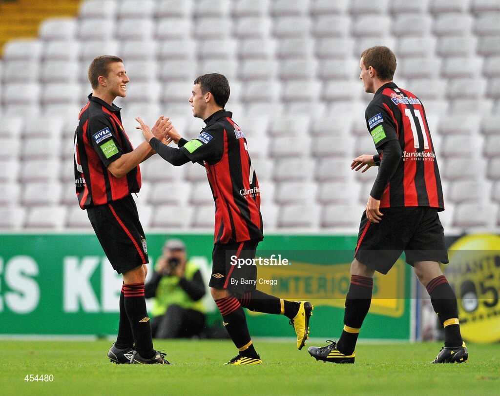 24 August 2010; Gary Burke, Bohemians A, celebrates scoring his side's first goal with team-mates Keith Buckley, left, and Lee Dixon. Newstalk Cup Final, Bohemians A v Sporting Fingal A, Dalymount Park, Dublin. Picture credit: Barry Cregg / SPORTSFILE