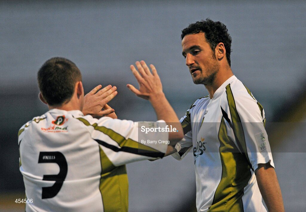 24 August 2010; Eamon Zayed, right, Sporting Fingal A, celebrates with team-mate Phillip Hand after scoring his side's first goal. Newstalk Cup Final, Bohemians A v Sporting Fingal A, Dalymount Park, Dublin. Picture credit: Barry Cregg / SPORTSFILE