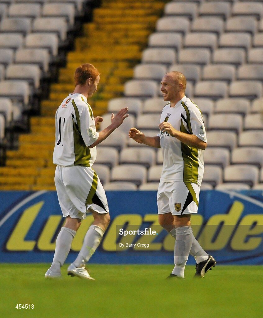 24 August 2010; Glen Crowe, right, Sporting Fingal A, celebrates with his team-mate Keith Quinn after scoring his side's second goal. Newstalk Cup Final, Bohemians A v Sporting Fingal A, Dalymount Park, Dublin. Picture credit: Barry Cregg / SPORTSFILE