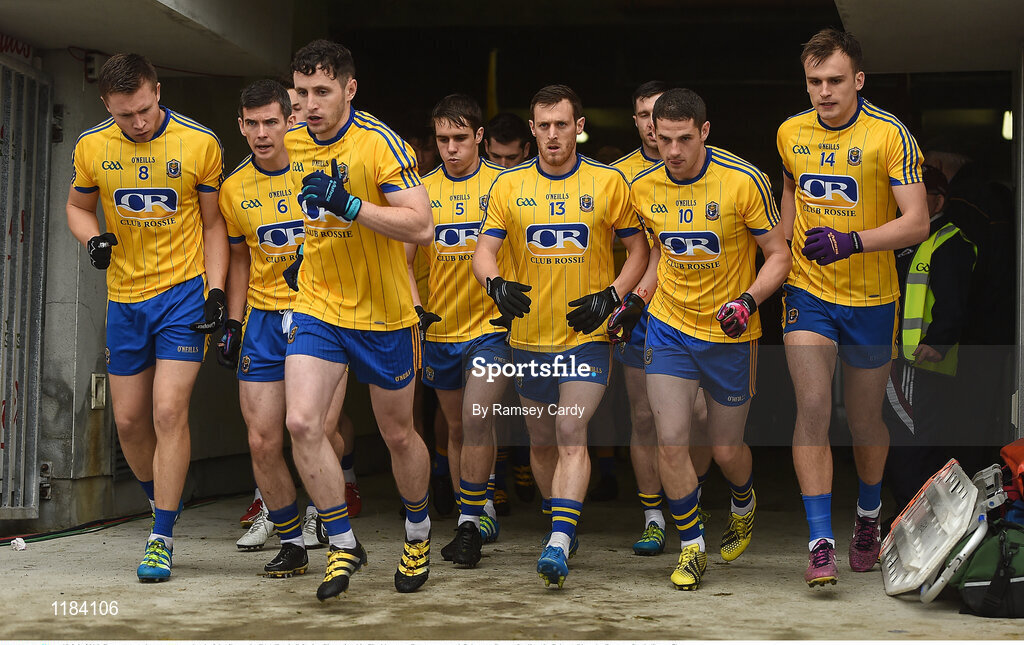10 July 2016; Roscommon players run out ahead of the Connacht GAA Football Senior Championship Final between Roscommon and Galway at Pearse Stadium in Galway. Photo by Ramsey Cardy/Sportsfile