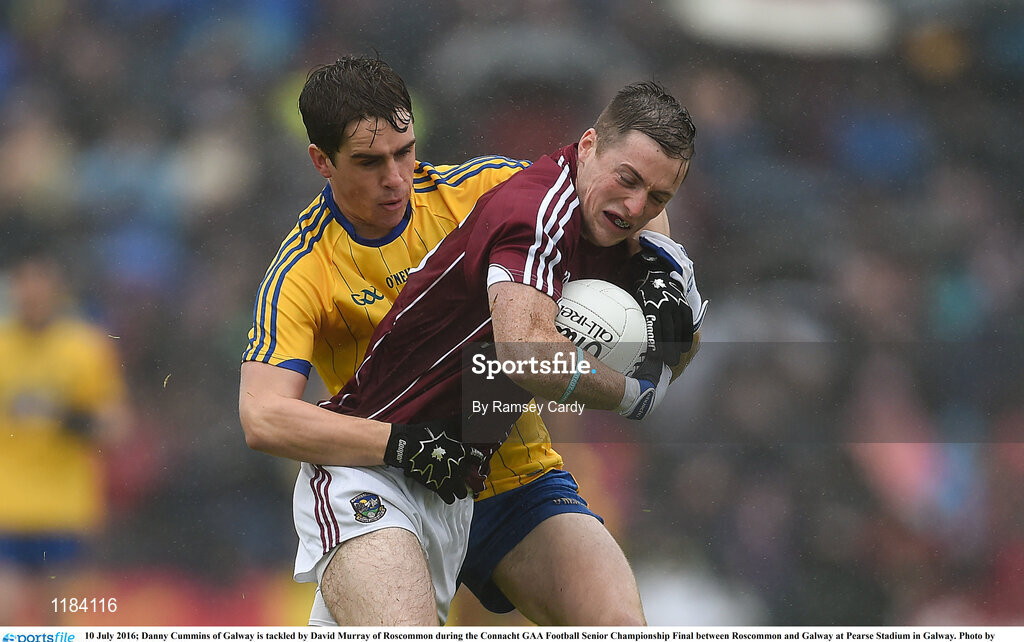 10 July 2016; Danny Cummins of Galway is tackled by David Murray of Roscommon during the Connacht GAA Football Senior Championship Final between Roscommon and Galway at Pearse Stadium in Galway. Photo by Ramsey Cardy/Sportsfile