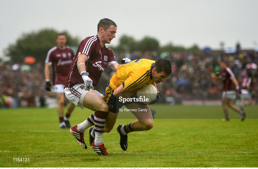 10 July 2016; Sean Purcell of Roscommon is tackled by Danny Cummins of Galway during the Connacht GAA Football Senior Championship Final between Roscommon and Galway at Pearse Stadium in Galway. Photo by Ramsey Cardy/Sportsfile