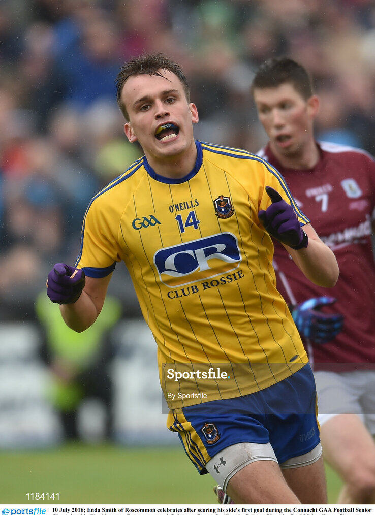 10 July 2016; Enda Smith of Roscommon celebrates after scoring his side's first goal during the Connacht GAA Football Senior Championship Final between Roscommon and Galway at Pearse Stadium in Galway. Photo by Sportsfile