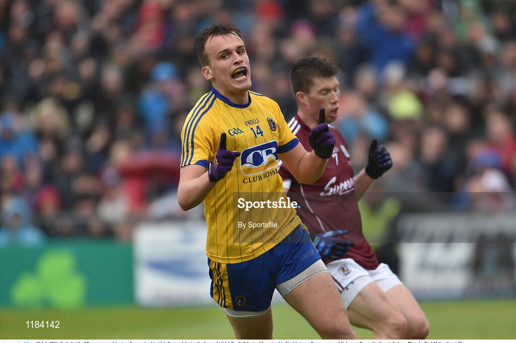 10 July 2016; Enda Smith of Roscommon celebrates after scoring his side's first goal during the Connacht GAA Football Senior Championship Final between Roscommon and Galway at Pearse Stadium in Galway. Photo by Sportsfile