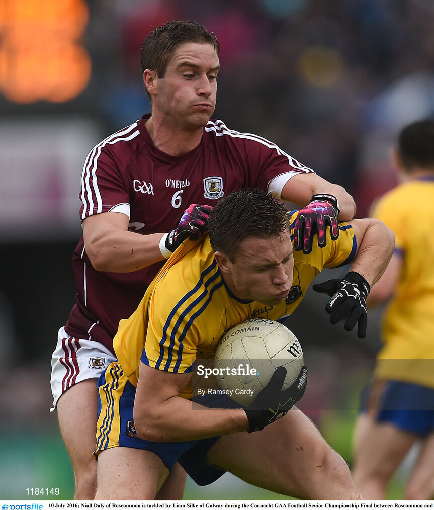 10 July 2016; Niall Daly of Roscommon is tackled by Liam Silke of Galway during the Connacht GAA Football Senior Championship Final between Roscommon and Galway at Pearse Stadium in Galway. Photo by Ramsey Cardy/Sportsfile