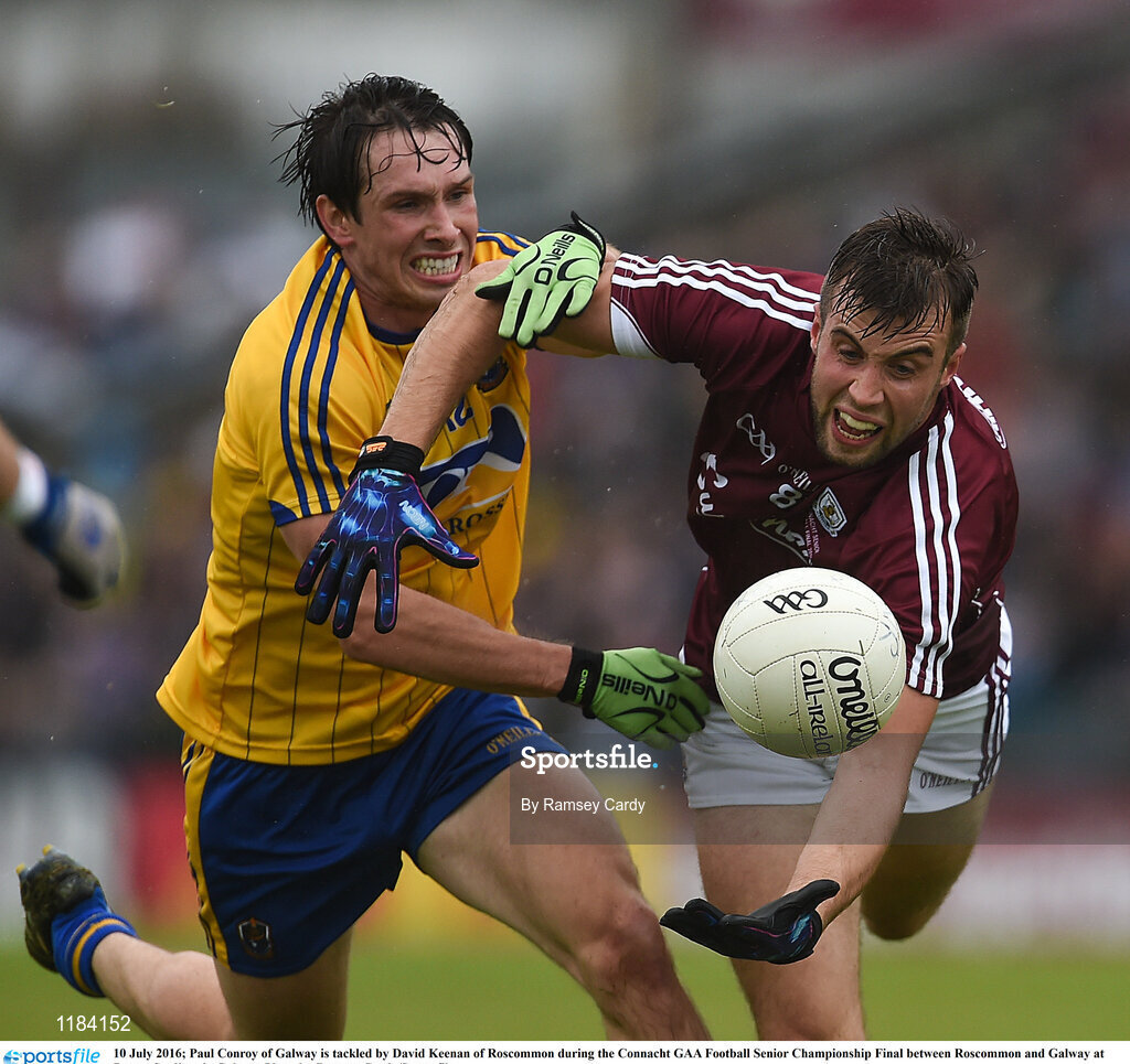 10 July 2016; Paul Conroy of Galway is tackled by David Keenan of Roscommon during the Connacht GAA Football Senior Championship Final between Roscommon and Galway at Pearse Stadium in Galway. Photo by Ramsey Cardy/Sportsfile