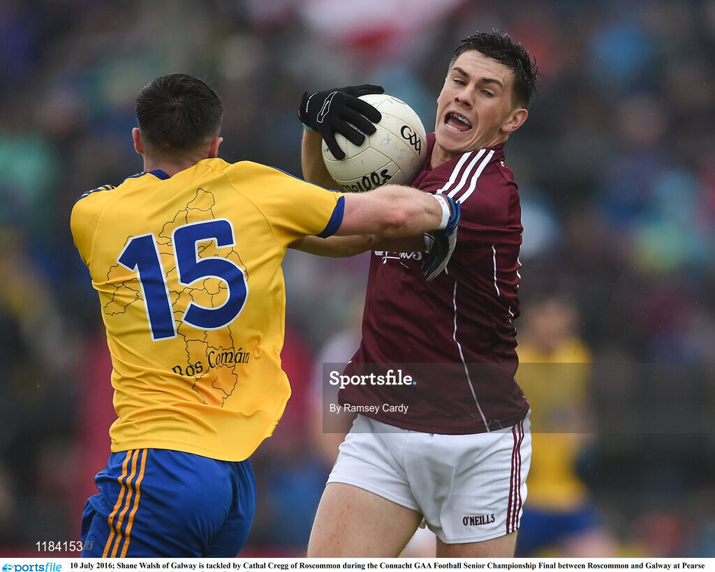 10 July 2016; Shane Walsh of Galway is tackled by Cathal Cregg of Roscommon during the Connacht GAA Football Senior Championship Final between Roscommon and Galway at Pearse Stadium in Galway. Photo by Ramsey Cardy/Sportsfile
