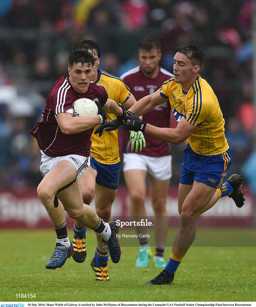 10 July 2016; Shane Walsh of Galway is tackled by John McManus of Roscommon during the Connacht GAA Football Senior Championship Final between Roscommon and Galway at Pearse Stadium in Galway. Photo by Ramsey Cardy/Sportsfile