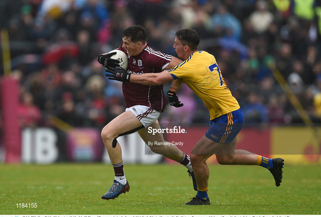 10 July 2016; Shane Walsh of Galway is tackled by John McManus of Roscommon during the Connacht GAA Football Senior Championship Final between Roscommon and Galway at Pearse Stadium in Galway. Photo by Ramsey Cardy/Sportsfile