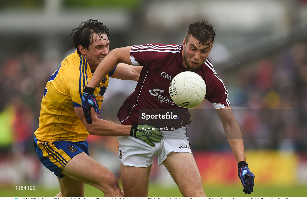 10 July 2016; Paul Conroy of Galway is tackled by David Keenan of Roscommon during the Connacht GAA Football Senior Championship Final between Roscommon and Galway at Pearse Stadium in Galway. Photo by Ramsey Cardy/Sportsfile