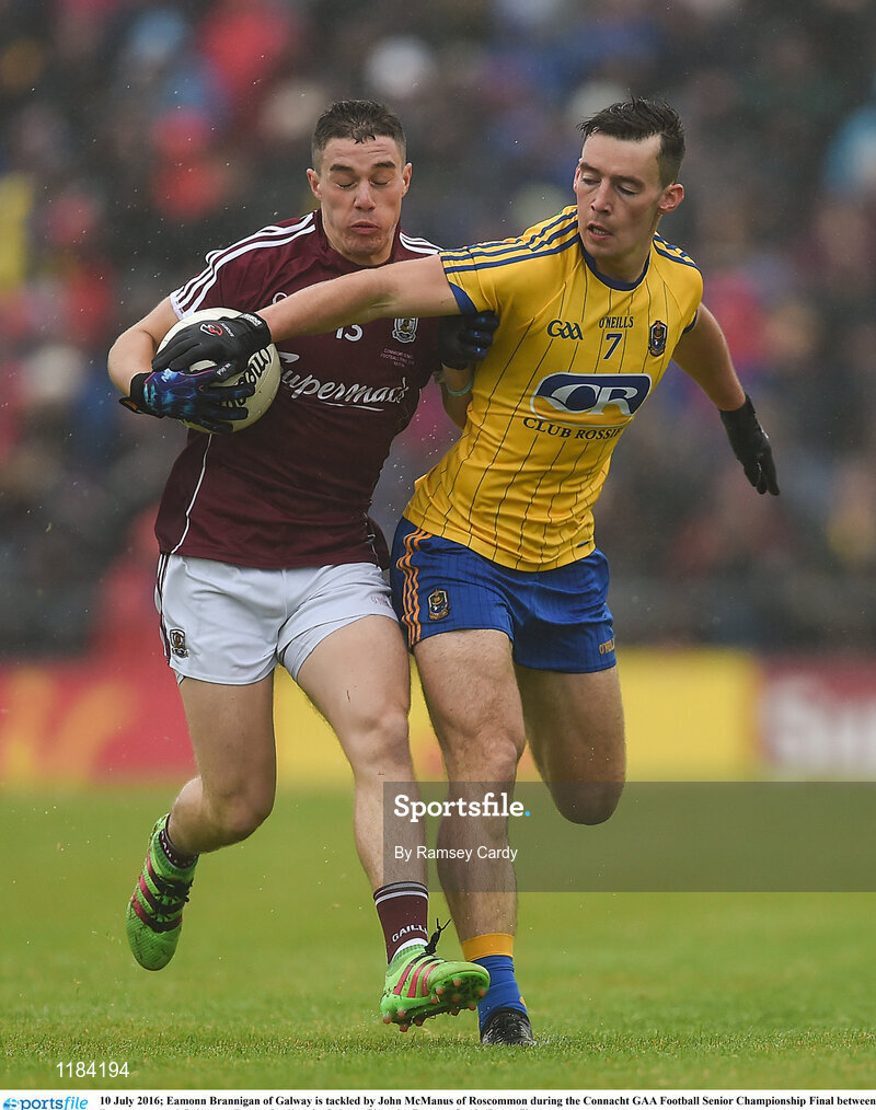 10 July 2016; Eamonn Brannigan of Galway is tackled by John McManus of Roscommon during the Connacht GAA Football Senior Championship Final between Roscommon and Galway at Pearse Stadium in Galway. Photo by Ramsey Cardy/Sportsfile