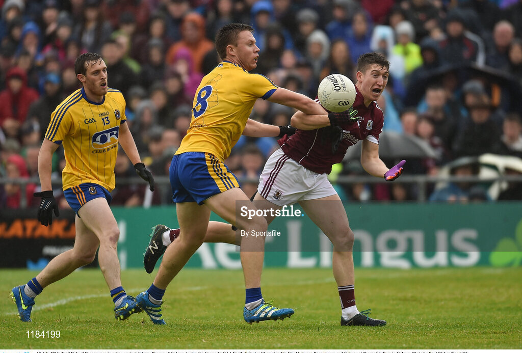 10 July 2016; Niall Daly of Roscommon in action against Johnny Heaney of Galway during the Connacht GAA Football Senior Championship Final between Roscommon and Galway at Pearse Stadium in Galway. Photo by Sportsfile