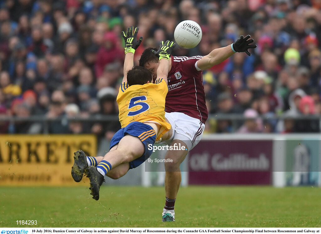 10 July 2016; Damien Comer of Galway in action against David Murray of Roscommon during the Connacht GAA Football Senior Championship Final between Roscommon and Galway at Pearse Stadium in Galway. Photo by Sportsfile