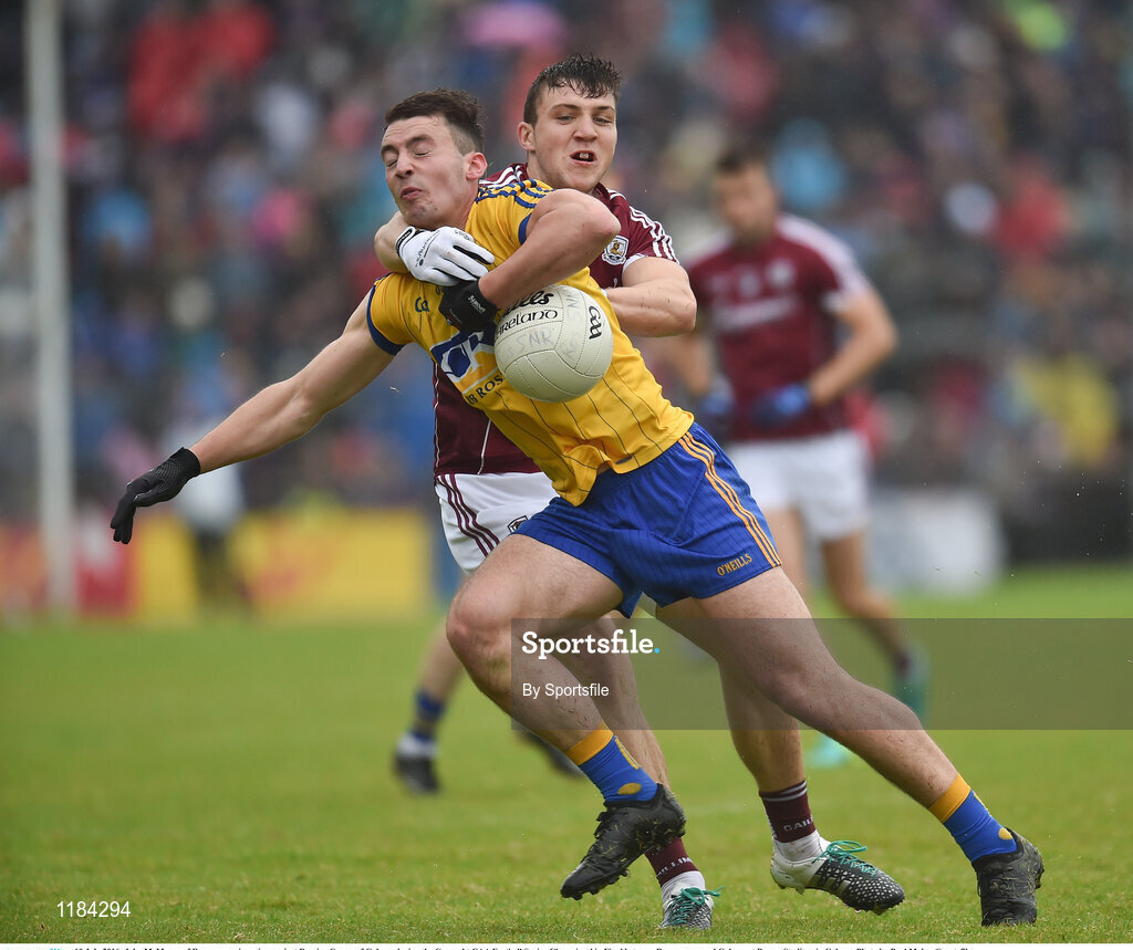 10 July 2016; John McManus of Roscommon in action against Damien Comer of Galway during the Connacht GAA Football Senior Championship Final between Roscommon and Galway at Pearse Stadium in Galway. Photo by Sportsfile