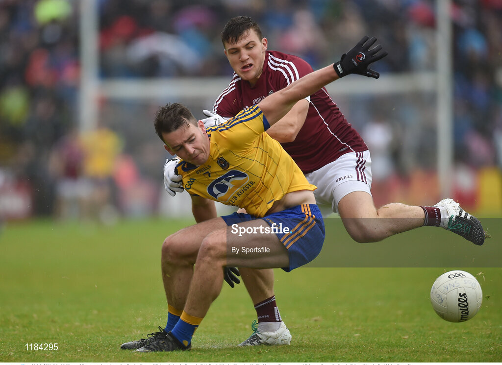 10 July 2016; John McManus of Roscommon in action against Damien Comer of Galway during the Connacht GAA Football Senior Championship Final between Roscommon and Galway at Pearse Stadium in Galway. Photo by Sportsfile