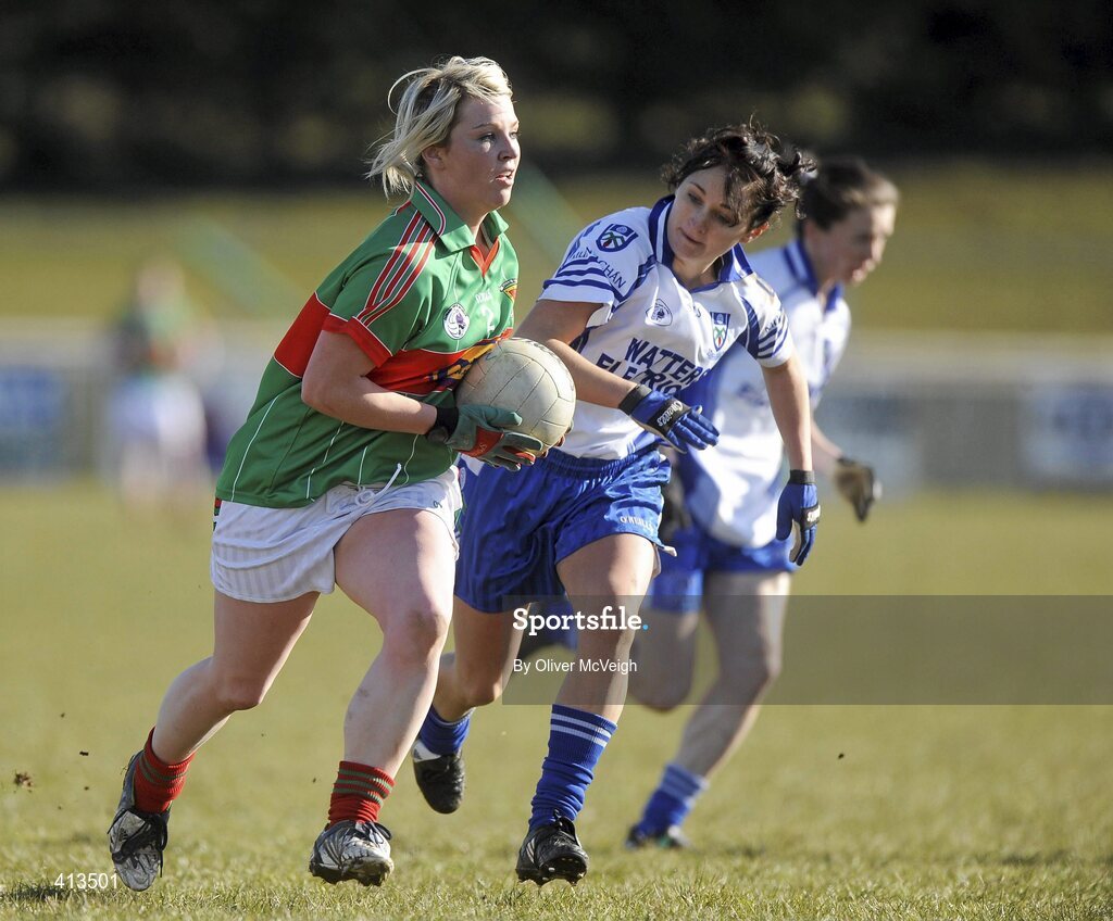 7 March 2010; Clodagh Martin, Mayo, in action against Christina Reilly, Monaghan. Bord Gais Energy Ladies National Football League Division 1 Round 4, Monaghan v Mayo Emyvale, Co. Monaghan. Picture credit: Oliver McVeigh / SPORTSFILE