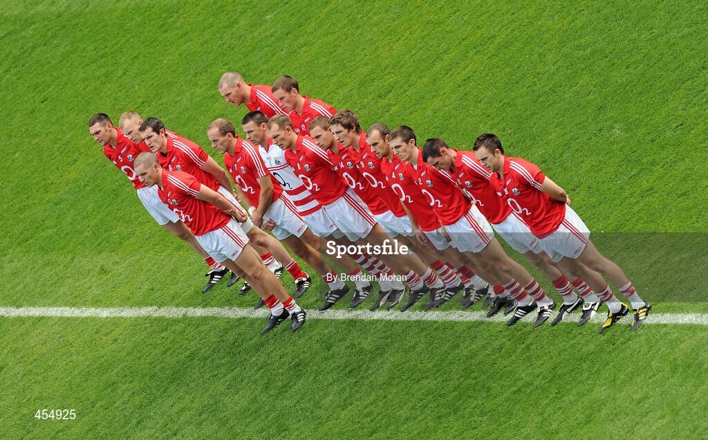 22 August 2010; The Cork team stand together for the national anthem before the game. GAA Football All-Ireland Senior Championship Semi-Final, Dublin v Cork, Croke Park, Dublin. Picture credit: Brendan Moran / SPORTSFILE