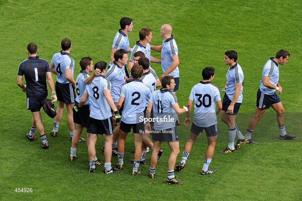 22 August 2010; The Dublin team break from a huddle before the start of the game. GAA Football All-Ireland Senior Championship Semi-Final, Dublin v Cork, Croke Park, Dublin. Picture credit: Brendan Moran / SPORTSFILE
